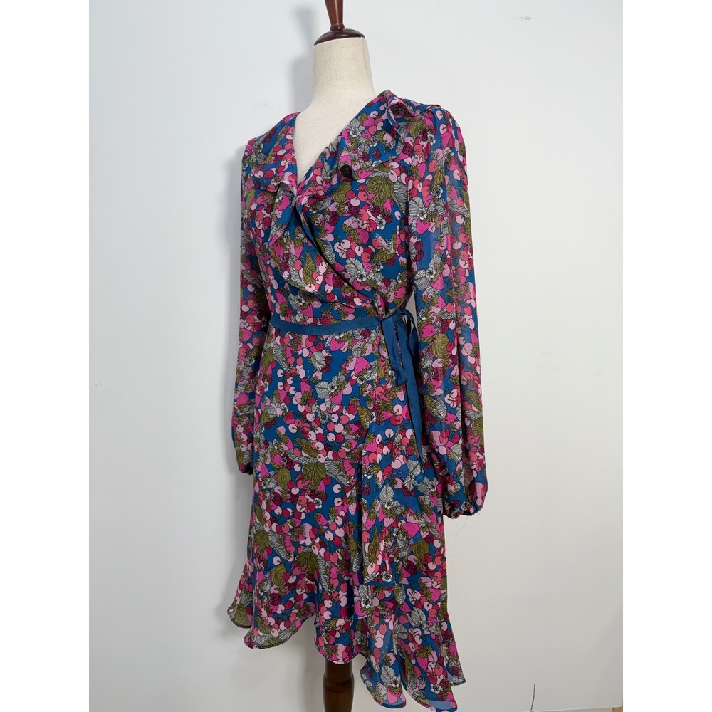 Betsey Johnson Wrap Dress 8 Blue Pink Berry Fruit Print Ruffle Long Sleeve Flaw